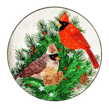 Evergreen 18 in. Hand Painted Embossed Glass Bird Bath, Cardinals and Winter Spruce