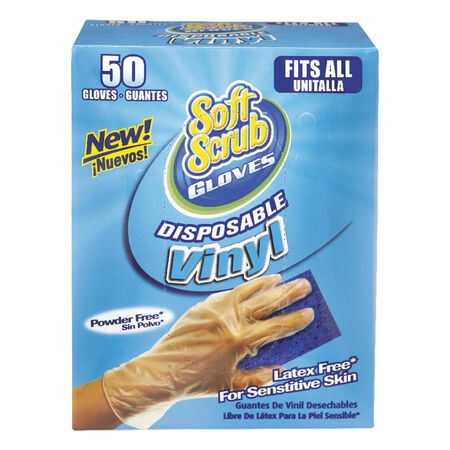 Soft Scrub Vinyl Disposable Gloves One Size Fits Most Clear Powder Free 50 pk