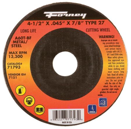 Forney 4-1/2 in. D X 7/8 in. X.045 in. thick Aluminum Oxide Metal Cut-Off Wheel 1 pc