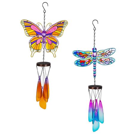 Evergreen Cottage Garden Wind Chime Glass Butterfly/Dragonfly Asst of 2
