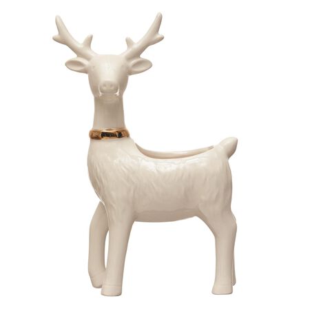 Creative Co-Op White Reindeer Flower Pot with Gold Electroplating Indoor Christmas Decor 7.5 in.