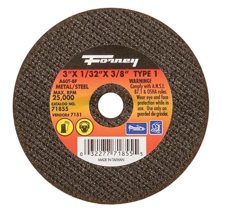 Forney 3 in. D X 3/8 in. X 1/32 in. thick Aluminum Oxide Metal Cut-Off Wheel 1 pc