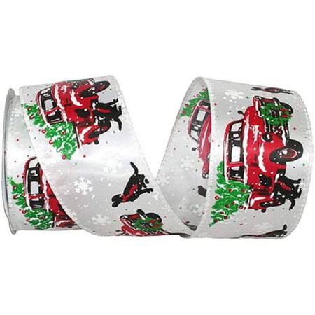 Party Explosions Winter Tree Farm Pickup Truck Fabric Wired Ribbon #40-2.5 x  10 Yards