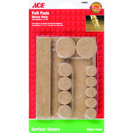 Ace Felt Self Adhesive Protective Pad Brown Assorted Various in. W 27 pk