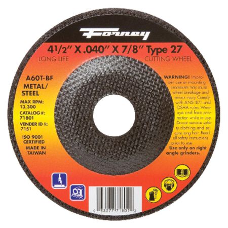 Forney 4-1/2 in. D X 7/8 in. X.040 in. thick Aluminum Oxide Metal Cut-Off Wheel 1 pc