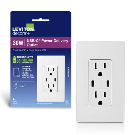 Leviton Decora 15 amps 125 V Duplex and Type C White Outlet and USB Charger 5-15 R 1 pk