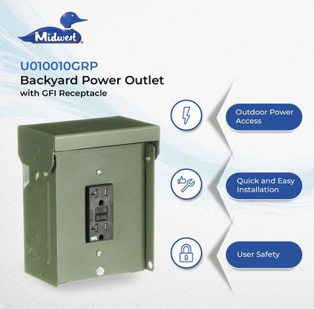 MIDWEST U010010GRP 20A Backyard Power Outlet &bull; Single GFI Receptacle &bull; Weather-Resistant Power Outlet with one 20A Duplex GFI Receptacle &bull; Green Outdoor Metal Enclosure &bull; Factory Assembled