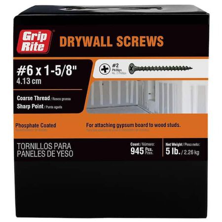 Grip-Rite No. 6 X 1-5/8 in. L Phillips Coarse Drywall Screws 5 lb 1000 pk
