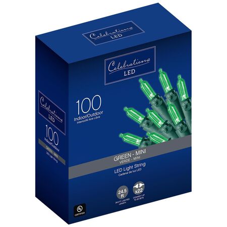 Celebrations Blue LED Mini Green 100 ct String Christmas Lights 24.5 ft.