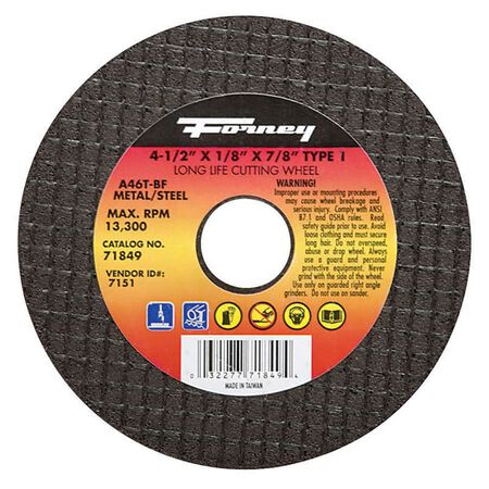Forney 4-1/2 in. D X 7/8 in. X 1/8 in. thick Aluminum Oxide Metal Cut-Off Wheel 1 pc