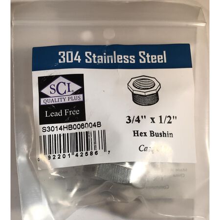 Smith-Cooper 3/4 in. MPT X 1/2 in. D FPT Stainless Steel Hex Bushing