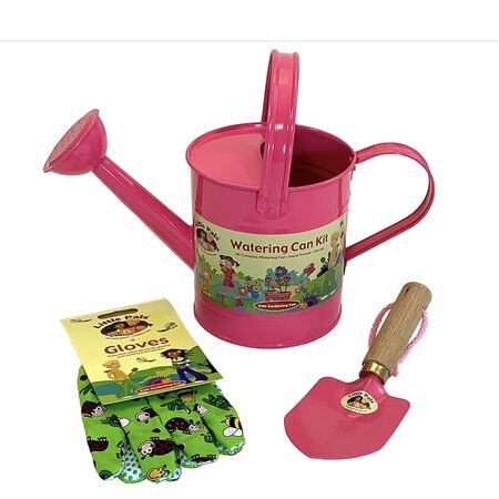 Tierra Garden Little Pals Kids Pink Metal Watering Can Kit with Trowel and Pair of Gloves