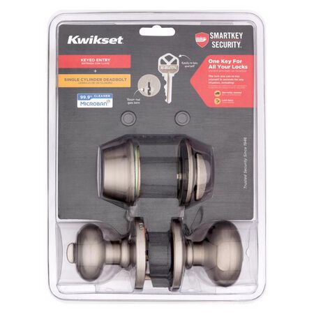 Kwikset SmartKey Security Cove Satin Nickel Deadbolt and Entry Door Knob KW1 1-3/4 in.