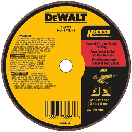 DeWalt High Performance 4 in. D X 5/8 in. X 1/16 in. thick Aluminum Oxide Cut-Off Wheel 1 pk