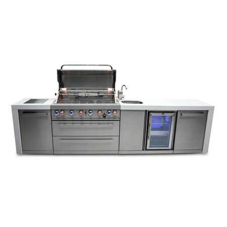 Mont Alpi 805 Deluxe Island with Beverage Center / 6-Burner Grill, 2 Infrared Burners, Sink, Fridge, Stainless Steel