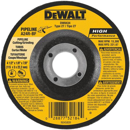 DeWalt 4-1/2 in. D X 7/8 in. X 0.125 in. thick Aluminum Oxide Pipeline Cutting Wheel 1 pc