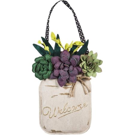 Evergreen Flag Evergreen Succulents Mason Jar Welcome Door D&eacute;cor 19-in x 13-in