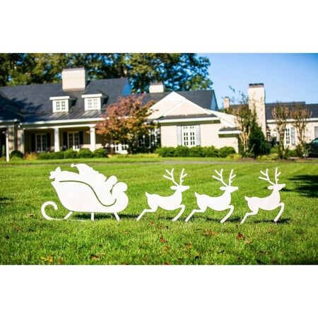 Evergreen Santa and Reindeer Metal Laser Cut Yard Sign Set of 4