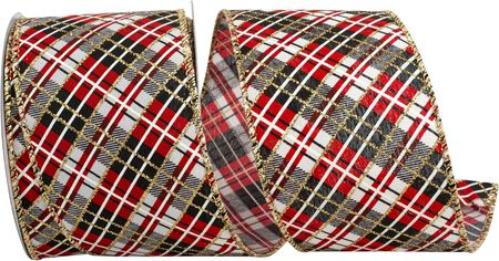 Reliant Ribbon Plaid Lauren Diagonal Glitter Stripes Wired Edge Ribbon, Red/Black/Gold
