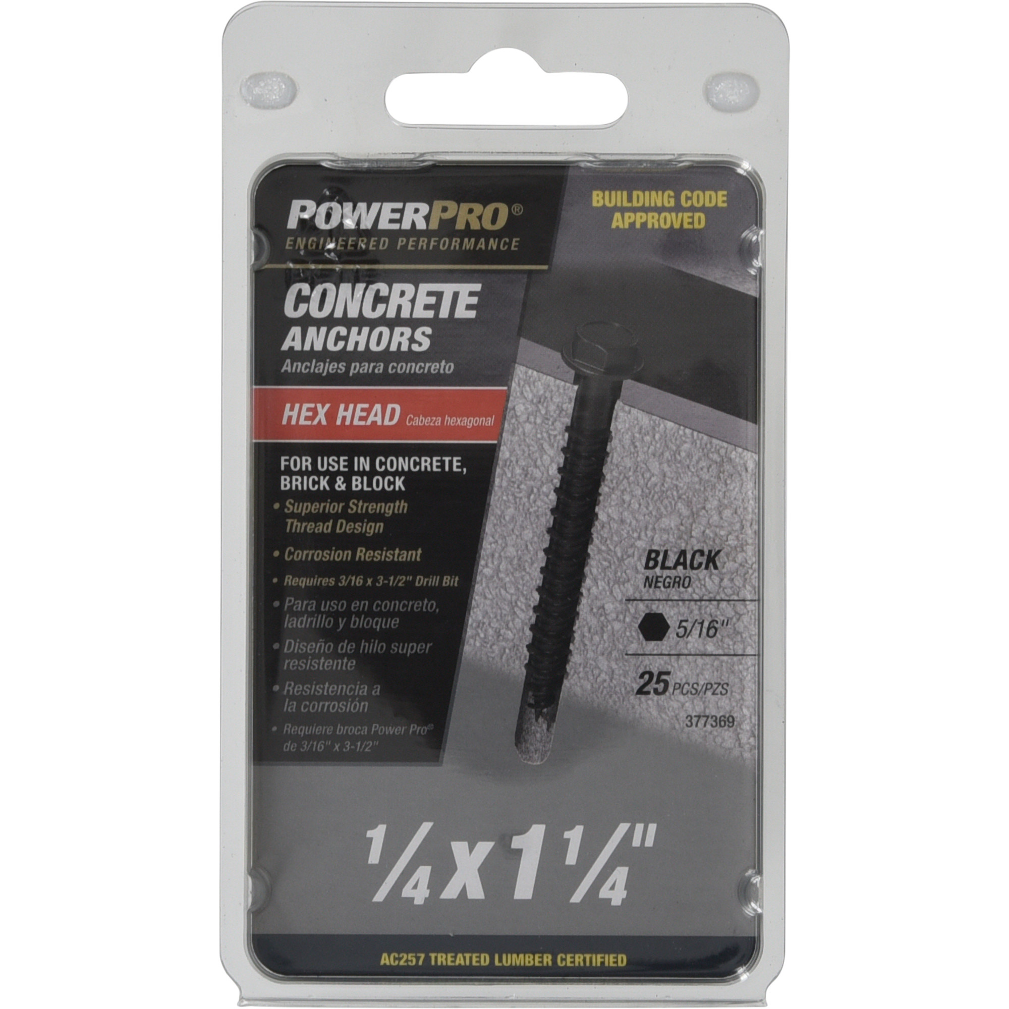 Power Pro Black Hex Washer-Head Concrete Screw Anchor (1/4 in. x 1-1/4 in.) - 25 pc