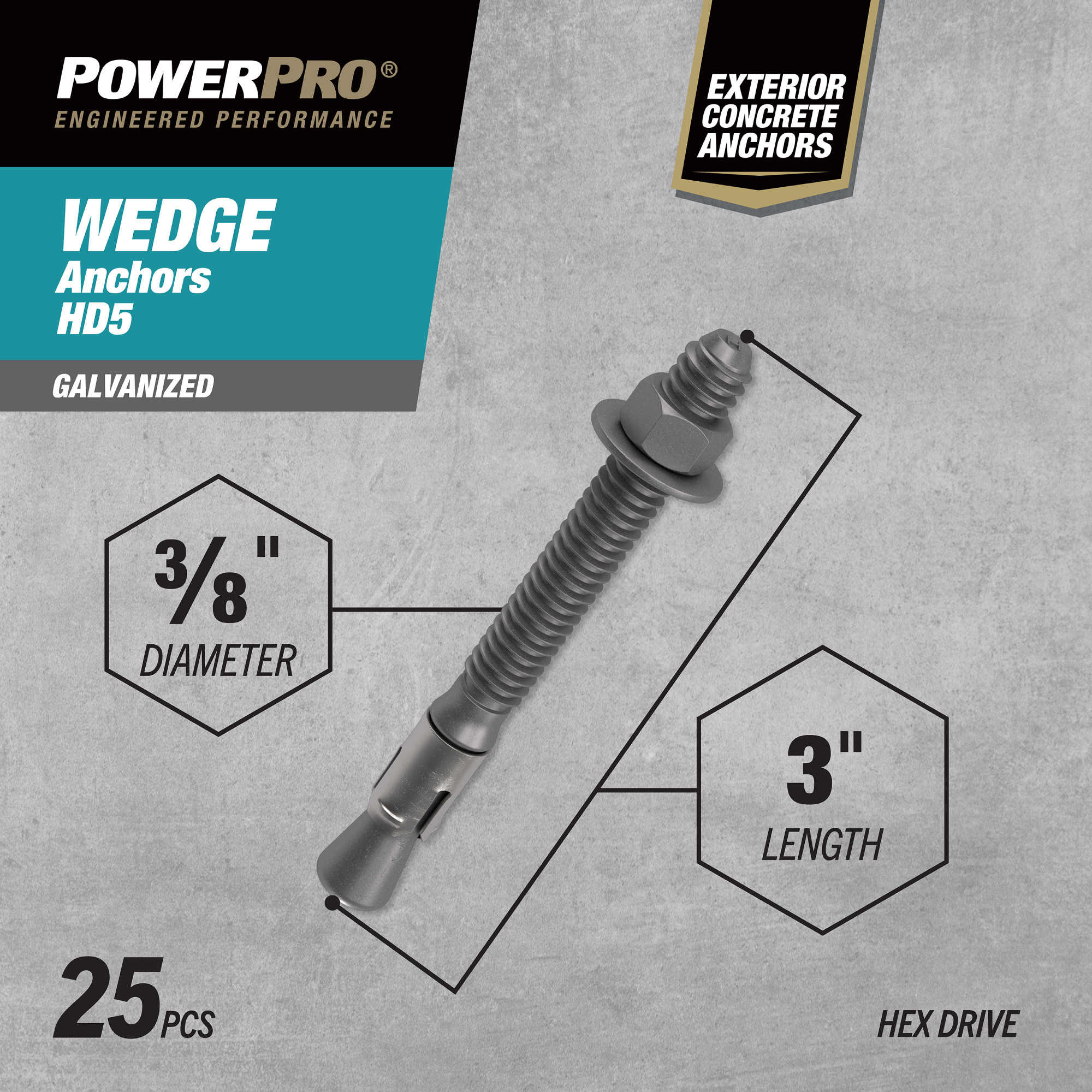 Power Pro HD5 Hot Dipped Galvanized Wedge Anchors (3/8 in. x 3 in.) - 25 pc