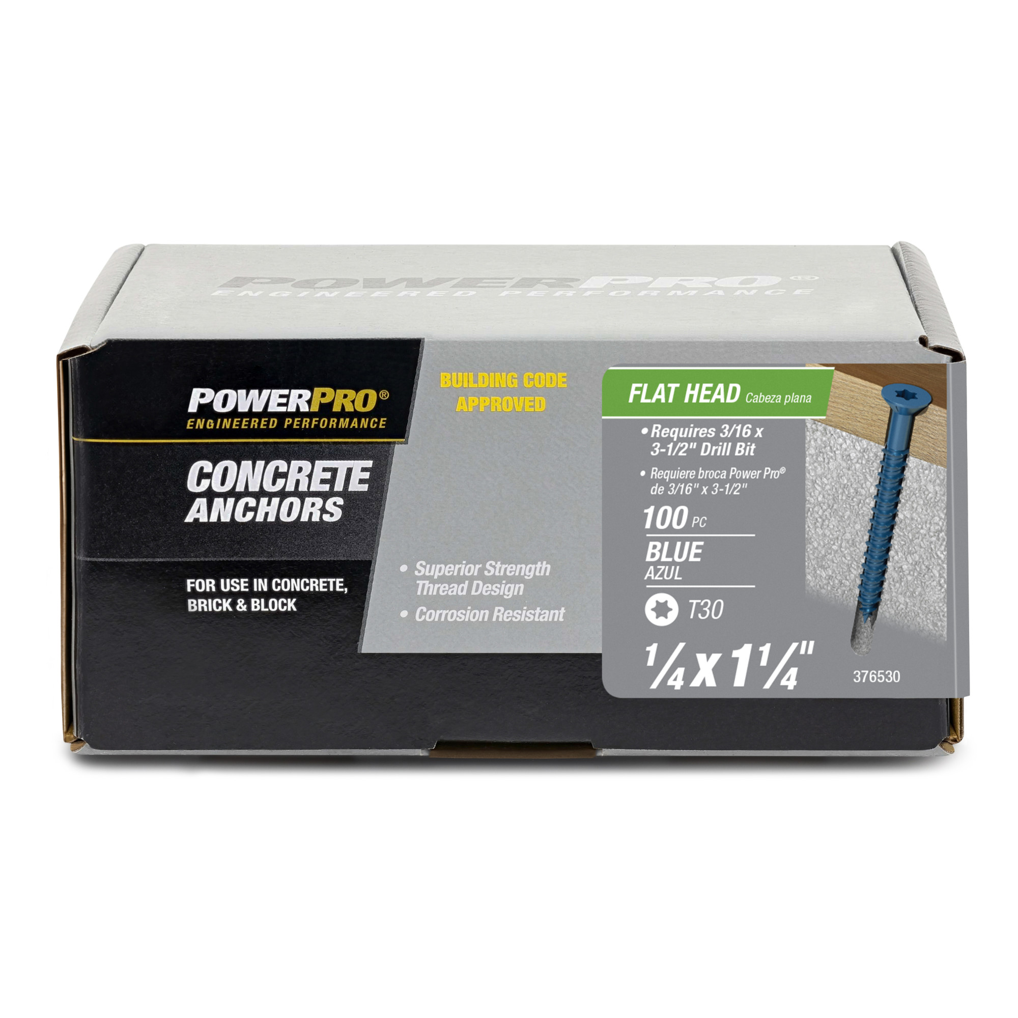 Power Pro Blue Flat-Head Concrete Screw Anchor (1/4 in. x 1-1/4 in.) - 100 pc