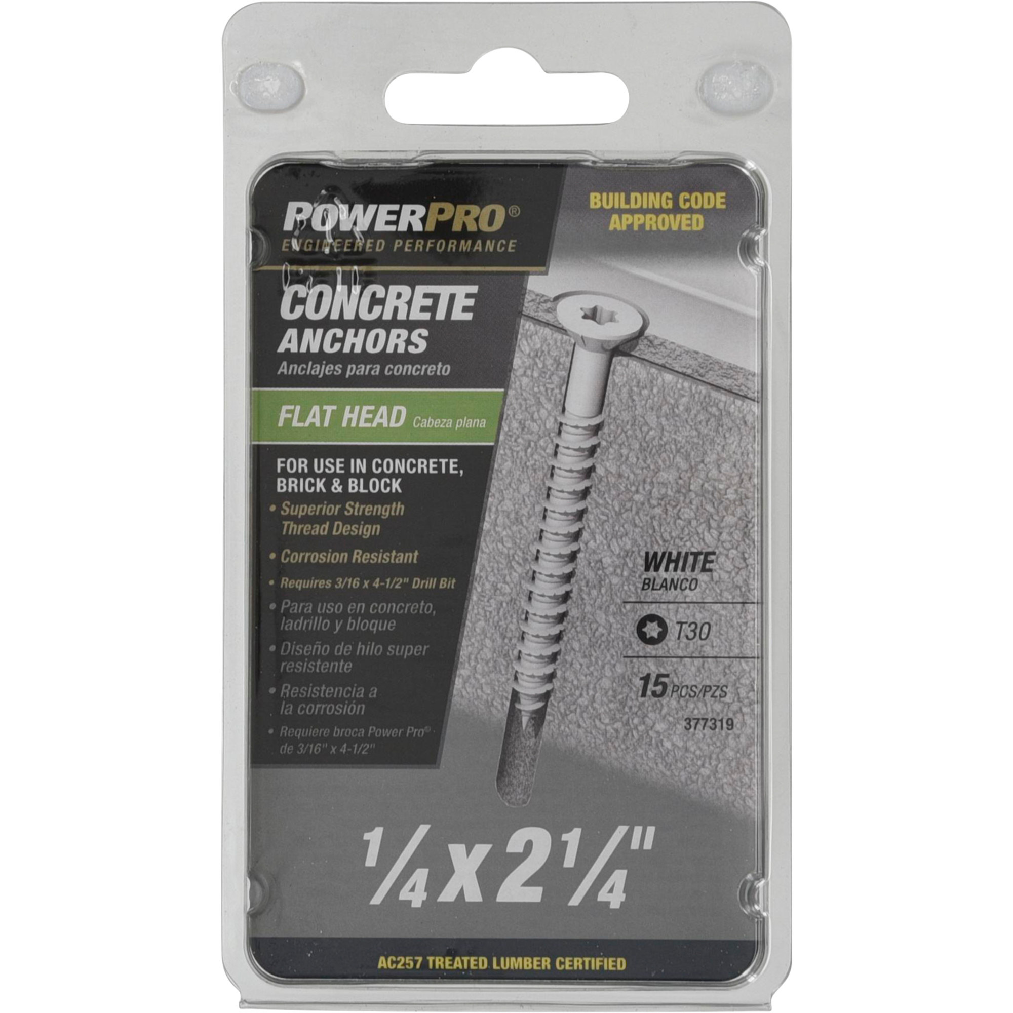 Power Pro White Flat-Head Concrete Screw Anchor (1/4 in. x 2-1/4 in.) - 15 pc