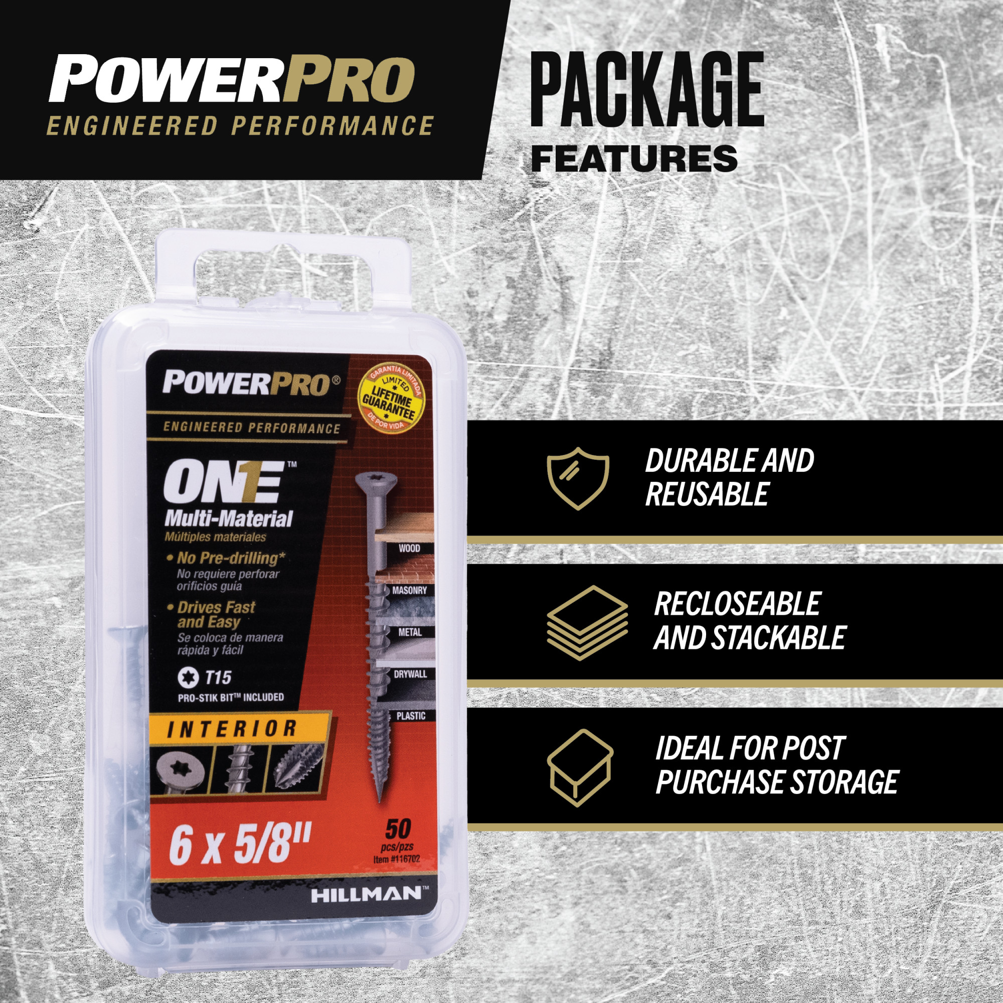 Power Pro ONE Flat Interior Zinc Multi-Material Screws (#6 x 5/8 in.) - 50 pc