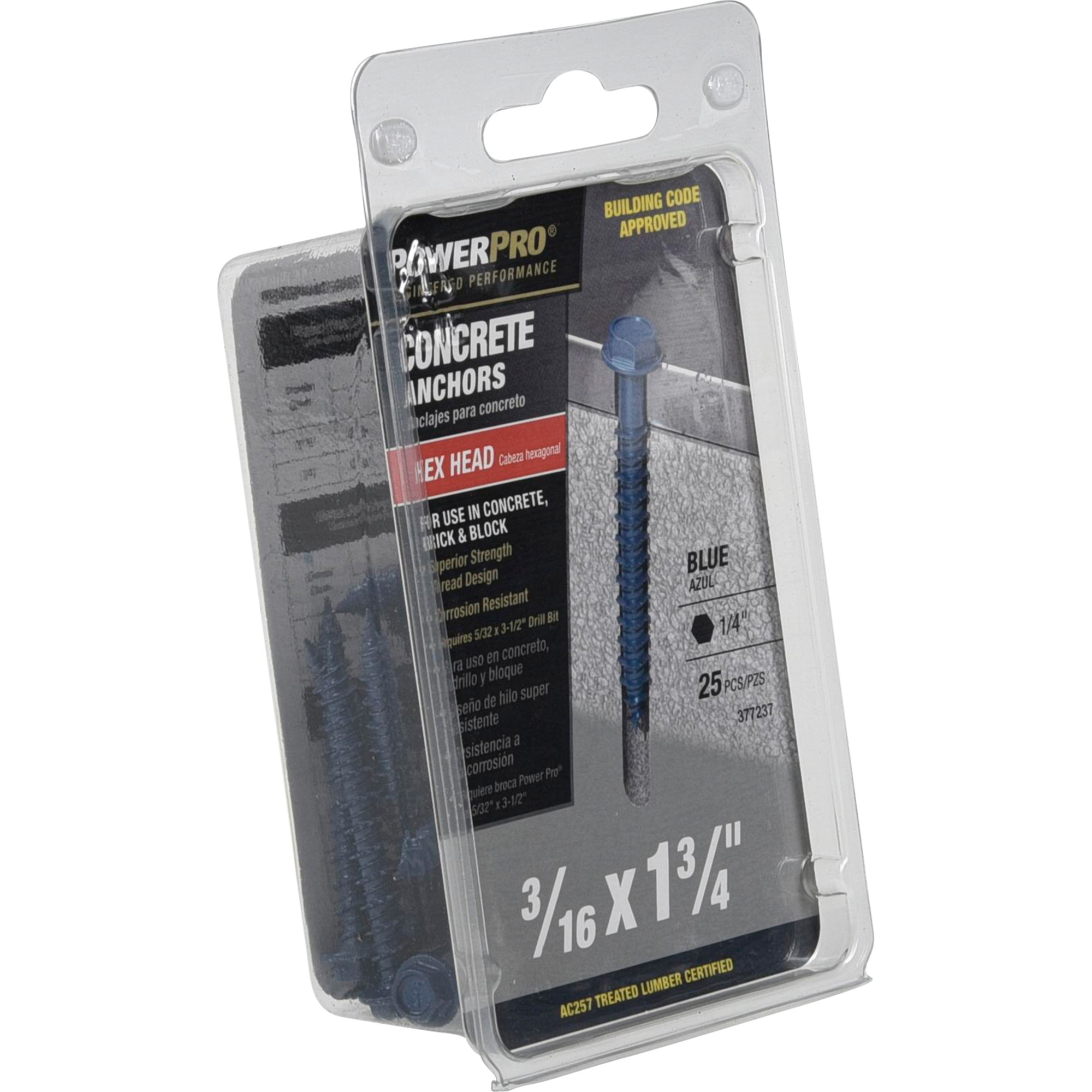 Power Pro Blue Hex Washer-Head Concrete Screw Anchor (3/16 in. x 1-3/4 in.) - 25 pc