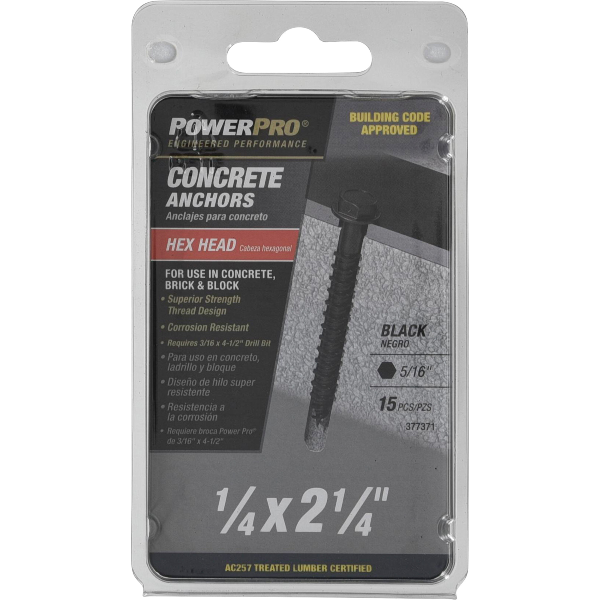 Power Pro Black Hex Washer-Head Concrete Screw Anchor (1/4 in. x 2-1/4 in.) - 15 pc
