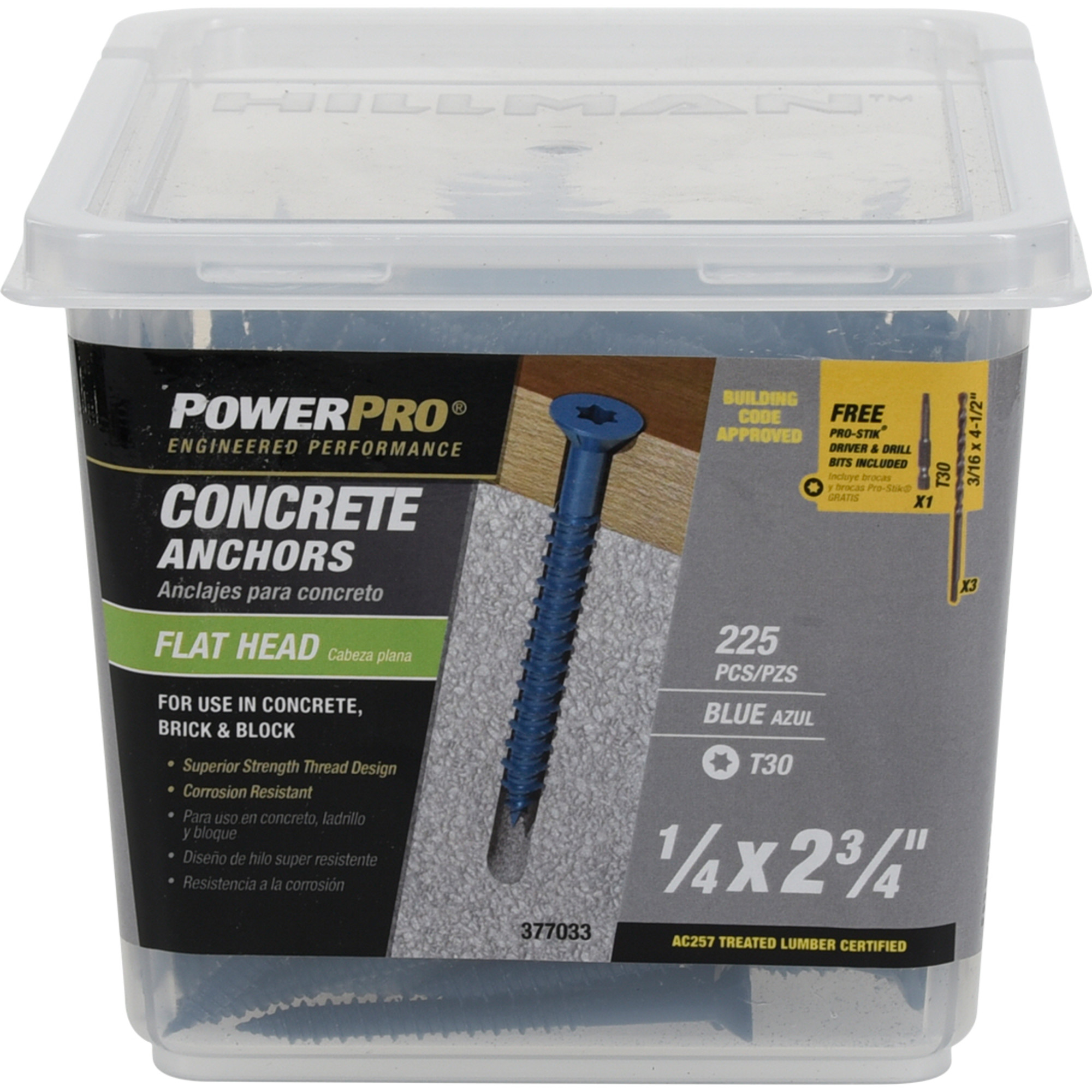 Power Pro Blue Flat-Head Concrete Screw Anchor (1/4 in. x 2-3/4 in.) - 225 pc