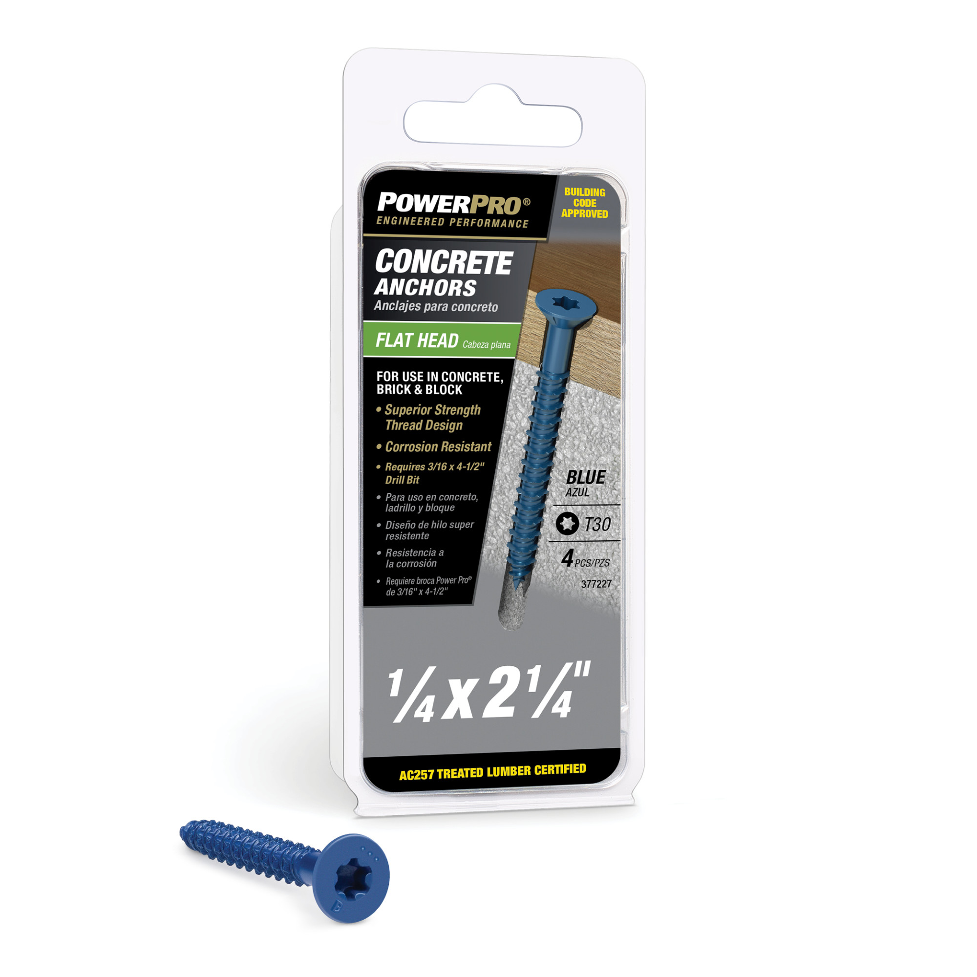 Power Pro Blue Flat-Head Concrete Screw Anchor (1/4 in. x 2-1/4 in.) - 4 pc