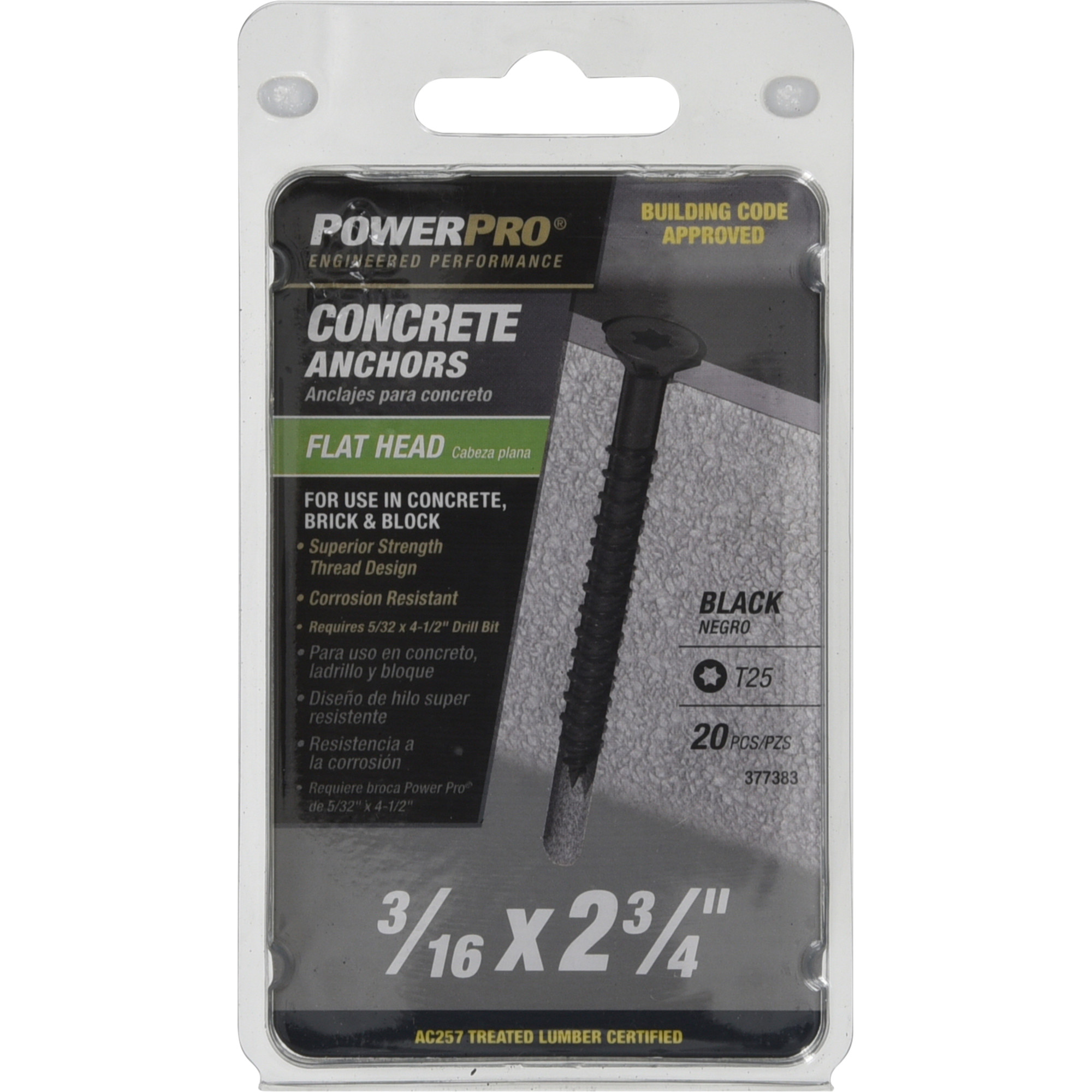 Power Pro Black Flat-Head Concrete Screw Anchor (3/16 in. x 2-3/4 in.) - 20 pc