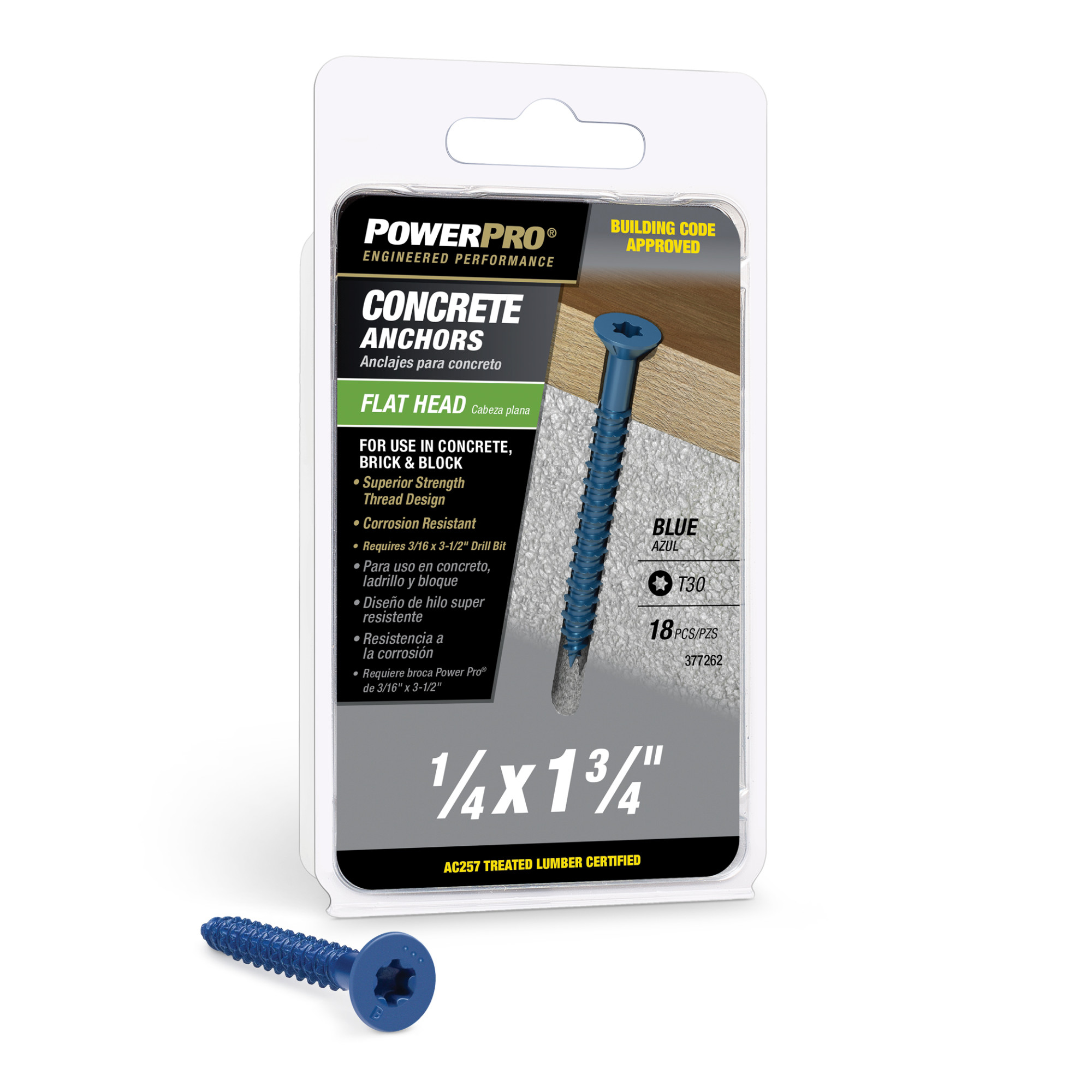 Power Pro Blue Flat-Head Concrete Screw Anchor (1/4 in. x 1-3/4 in.) - 18 pc
