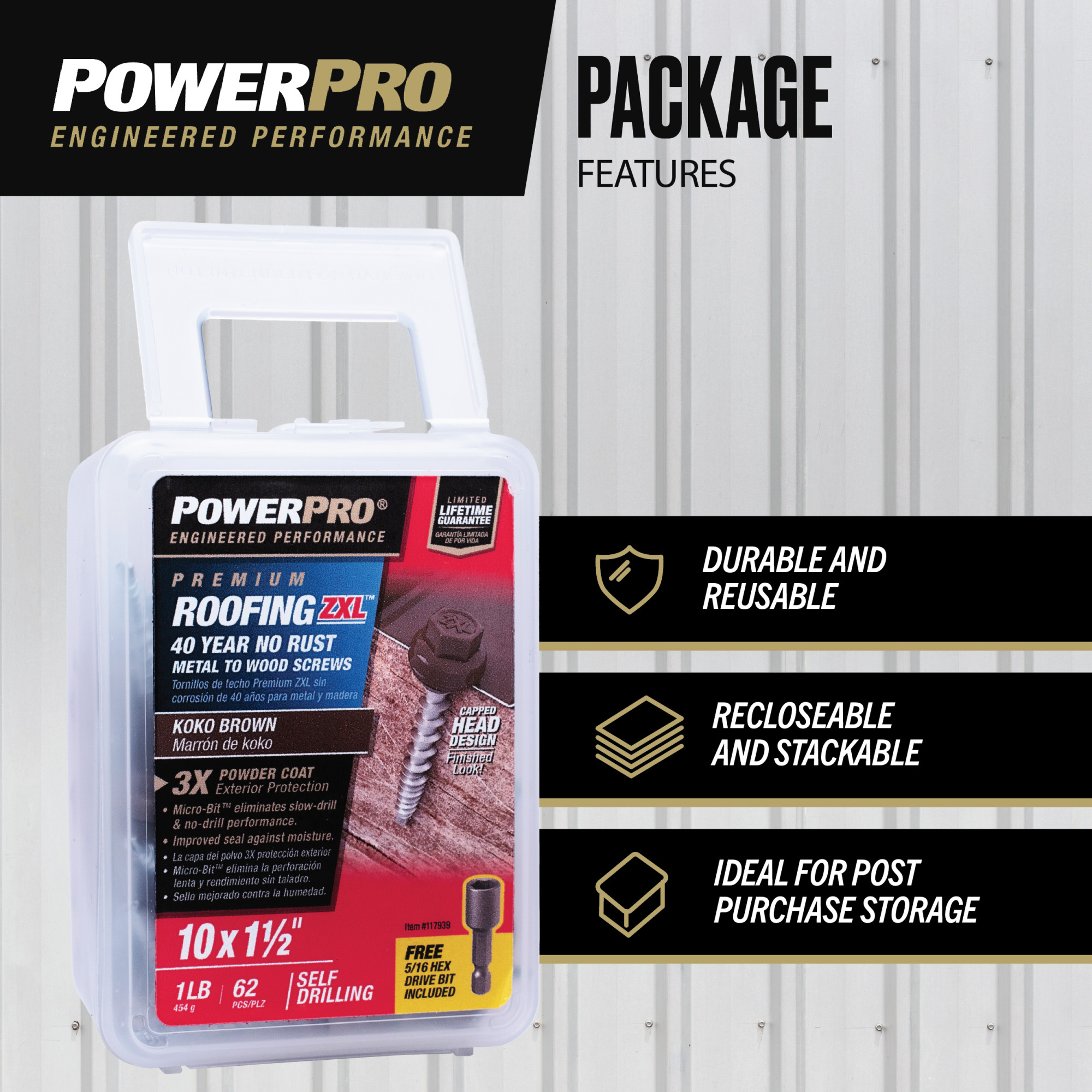 Power Pro Brown Self Drilling Metal-to-Wood Roofing Screws (#10 x 1-1/2 in.)-62 pc