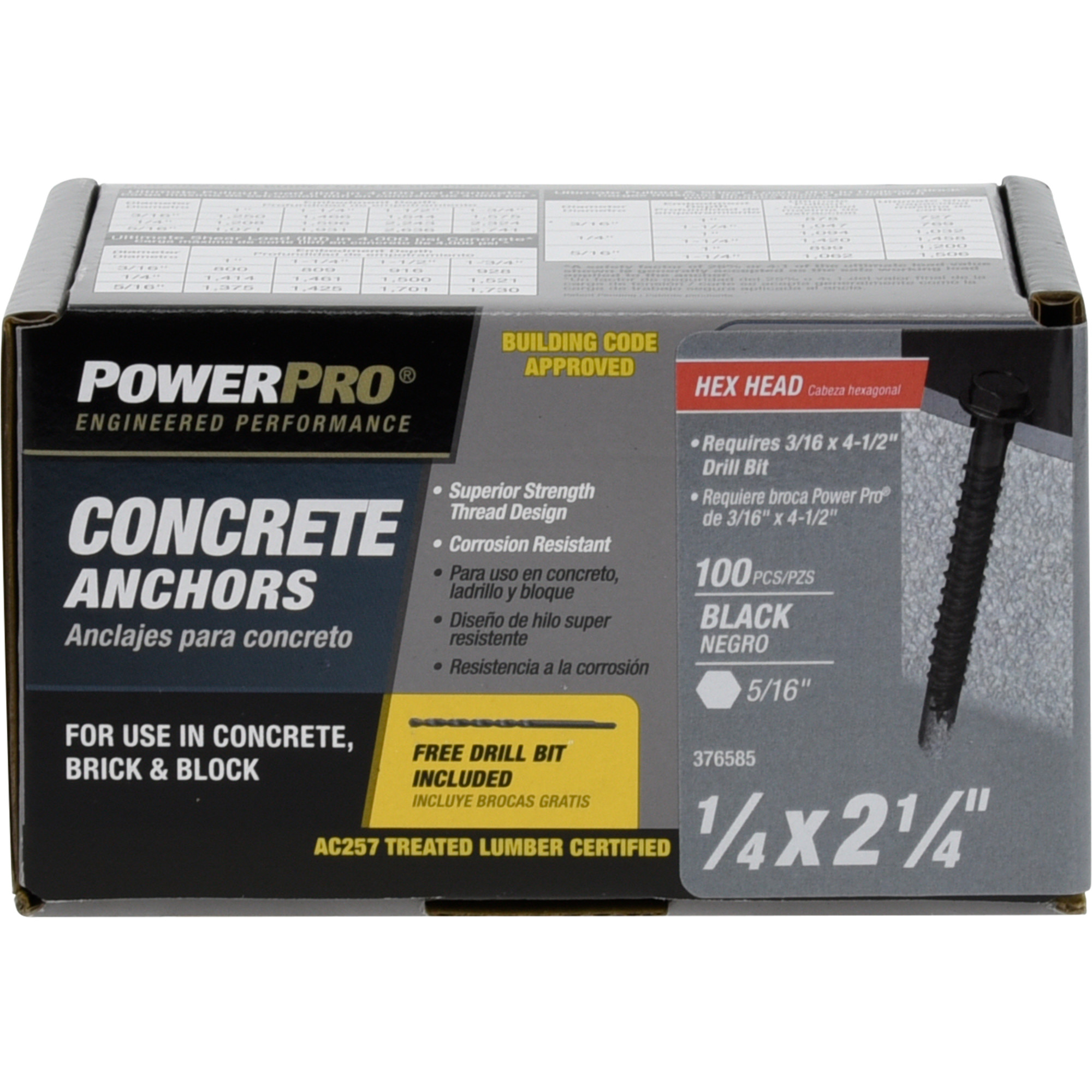 Power Pro Black Hex Washer-Head Concrete Screw Anchor (1/4 in. x 2-1/4 in.) - 100 pc