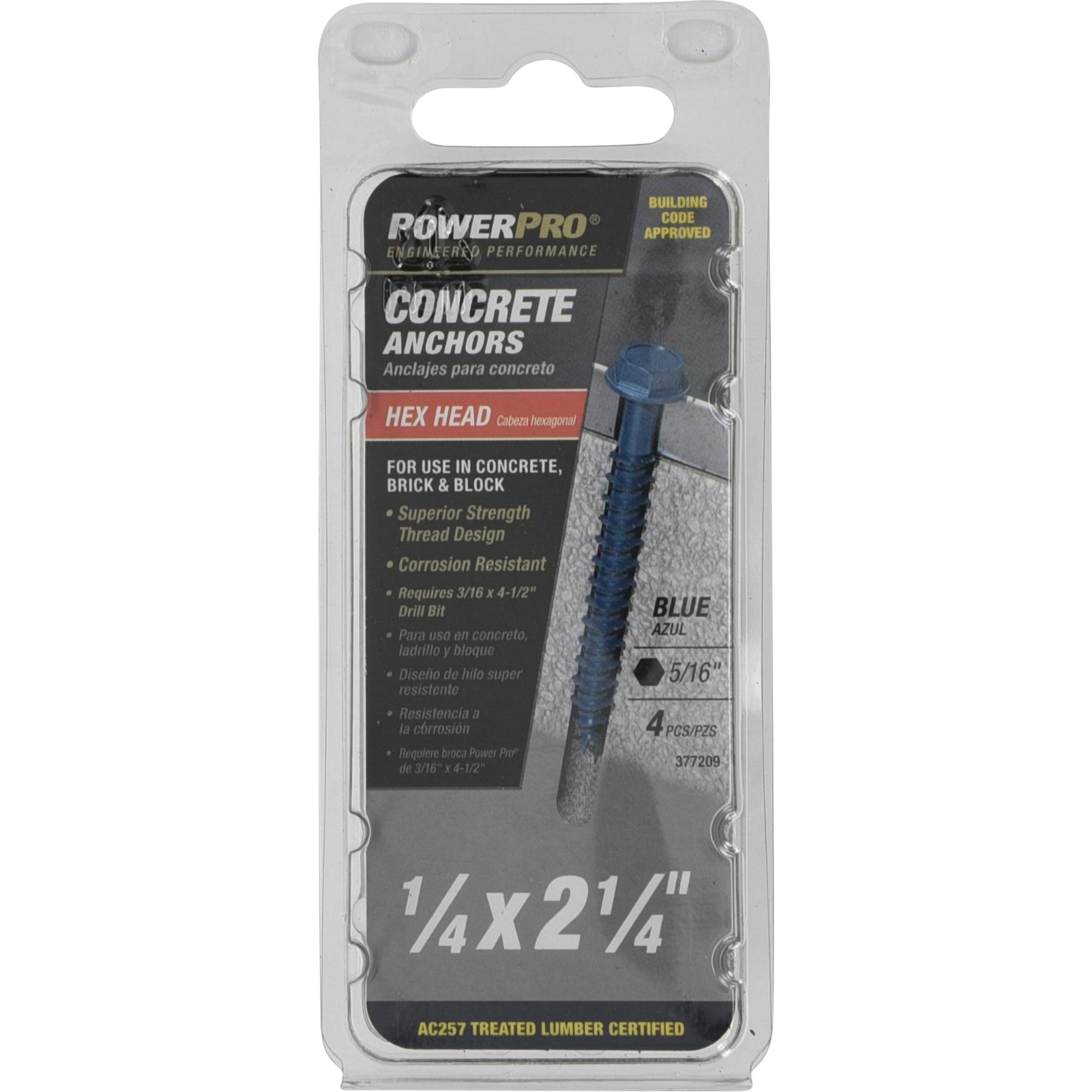Power Pro Blue Hex Washer-Head Concrete Screw Anchor (1/4 in. x 2-1/4 in.) - 4 pc