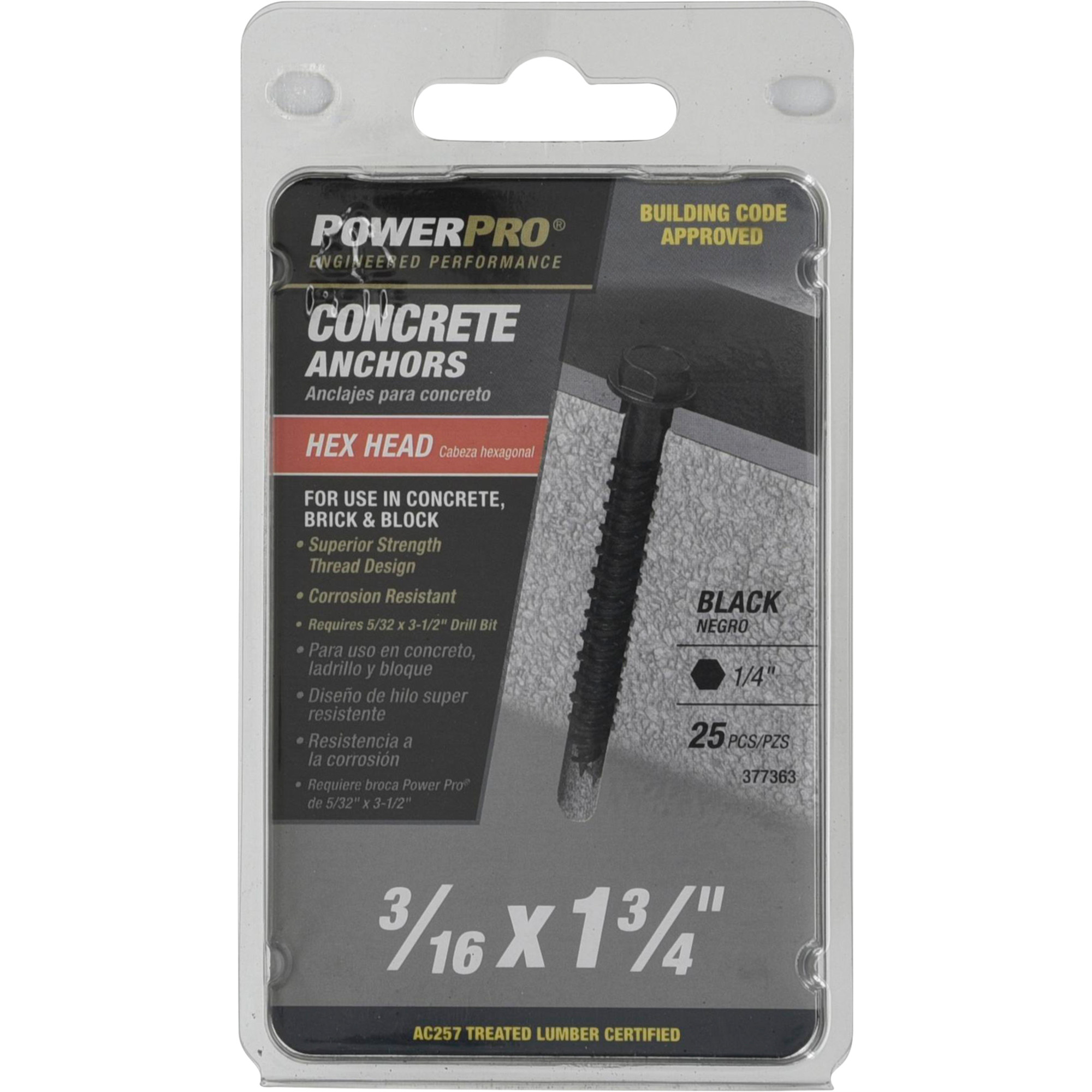 Power Pro Black Hex Washer-Head Concrete Screw Anchor (3/16 in. x 1-3/4 in.) - 25 pc