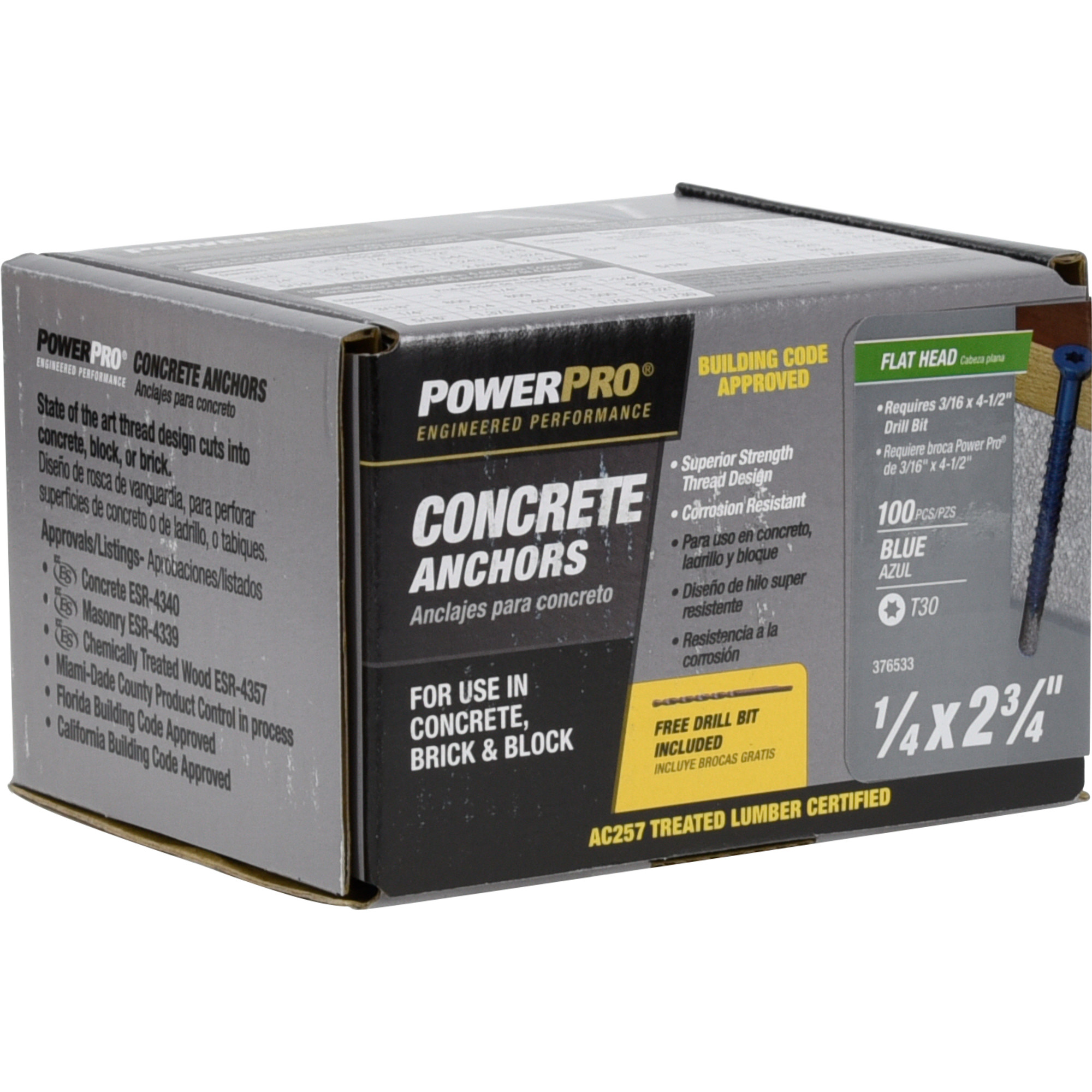 Power Pro Blue Flat-Head Concrete Screw Anchor (1/4 in. x 2-3/4 in.) - 100 pc