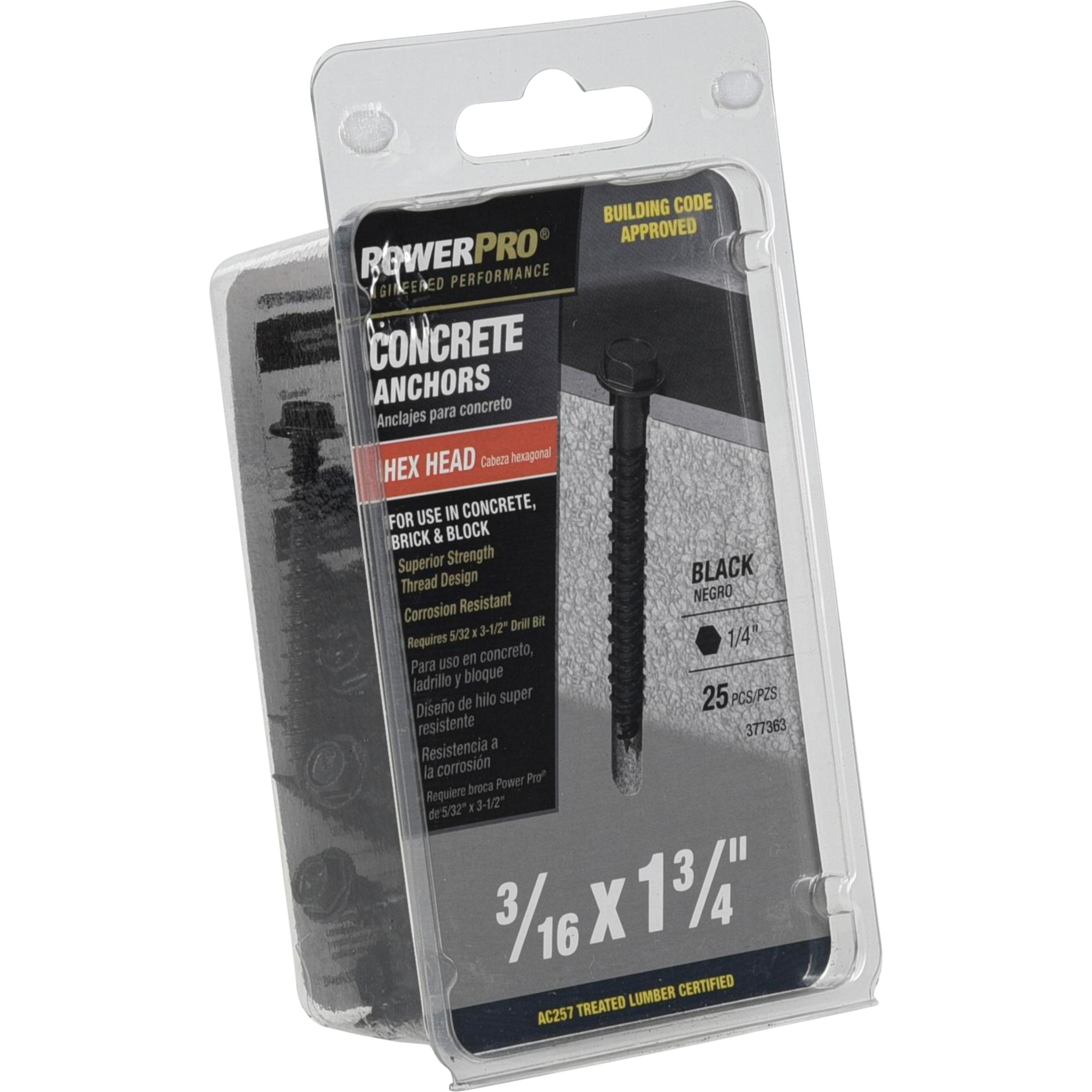 Power Pro Black Hex Washer-Head Concrete Screw Anchor (3/16 in. x 1-3/4 in.) - 25 pc