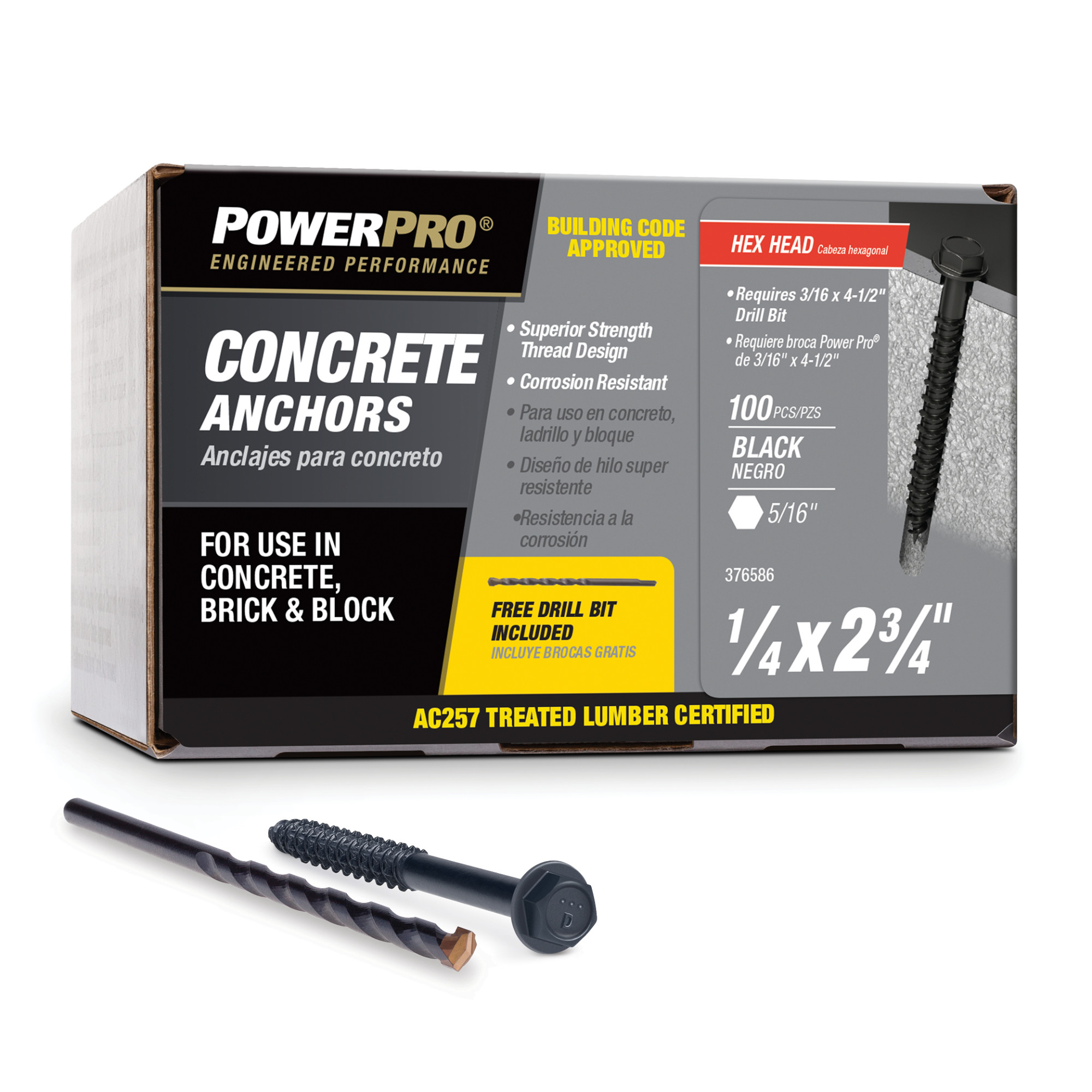 Power Pro Black Hex Washer-Head Concrete Screw Anchor (1/4 in. x 2-3/4 in.) - 100 pc