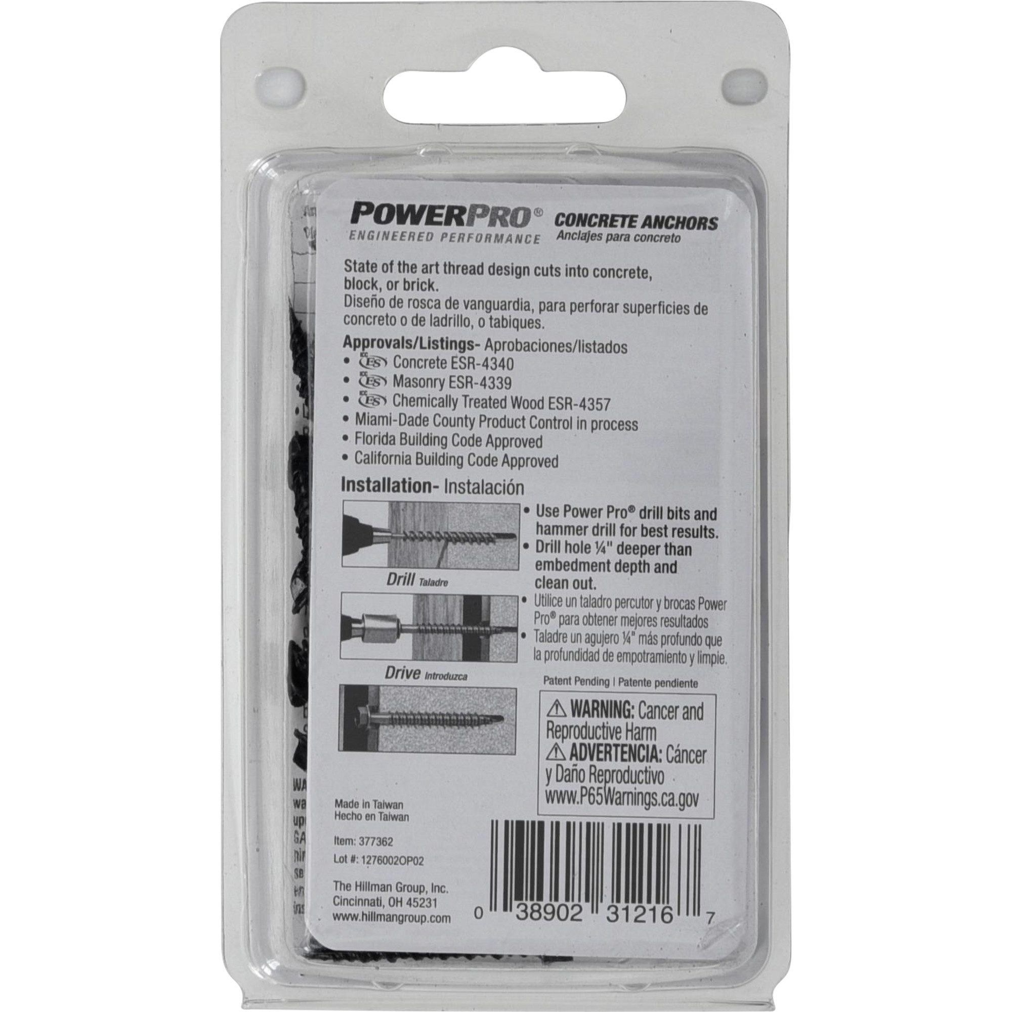 Power Pro Black Hex Washer-Head Concrete Screw Anchor (3/16 in. x 1-1/4 in.) - 25 pc
