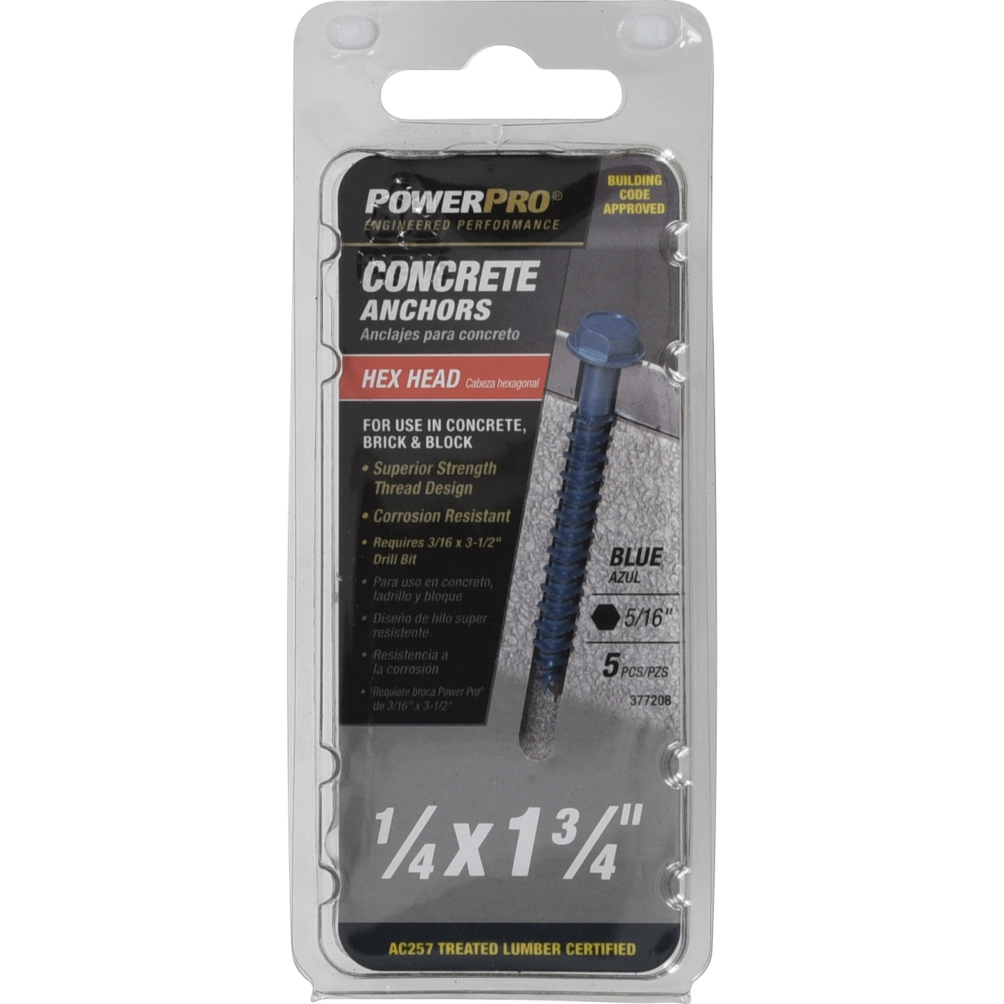 Power Pro Blue Hex Washer-Head Concrete Screw Anchor (1/4 in. x 1-3/4 in.) - 5 pc