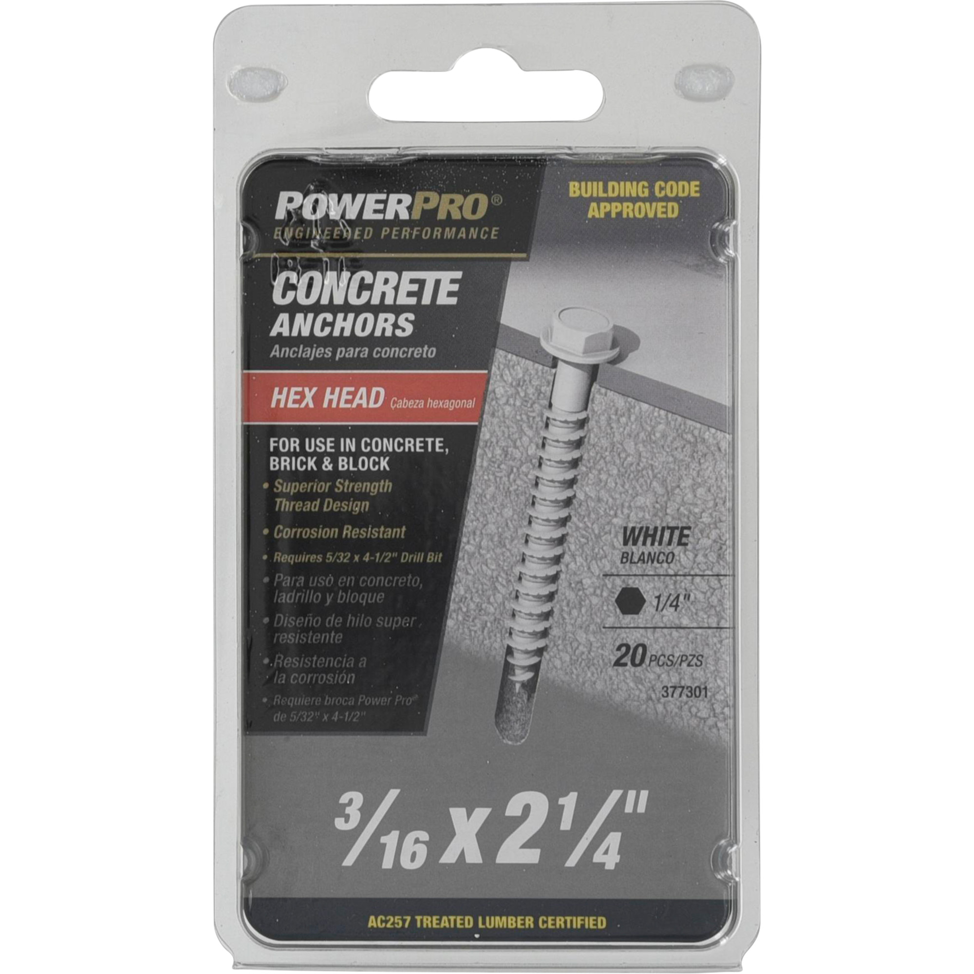 Power Pro White Hex Washer-Head Concrete Screw Anchor (3/16 in. x 2-1/4 in.) - 20 pc