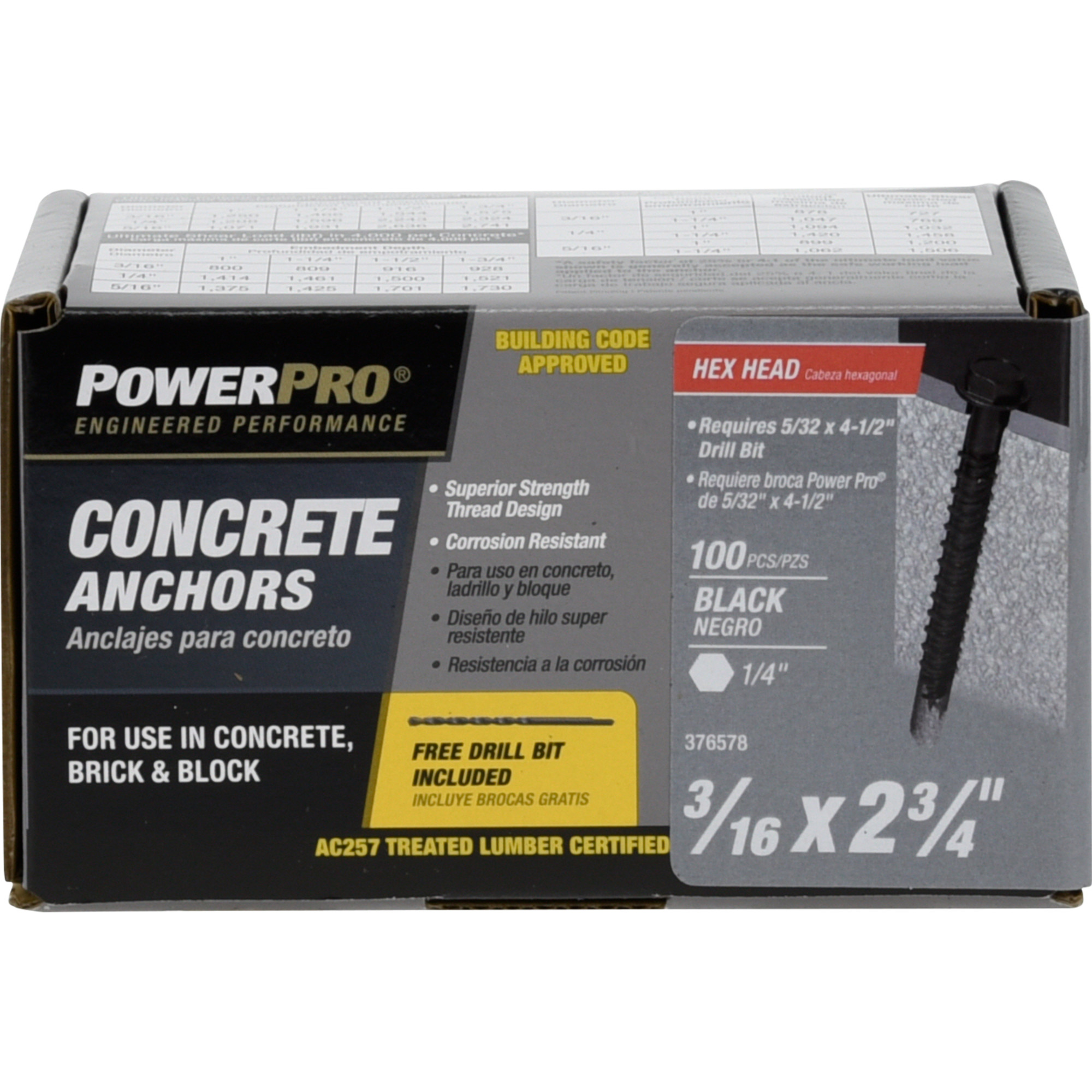 Power Pro Black Hex Washer-Head Concrete Screw Anchor (3/16 in. x 2-3/4 in.) - 100 pc