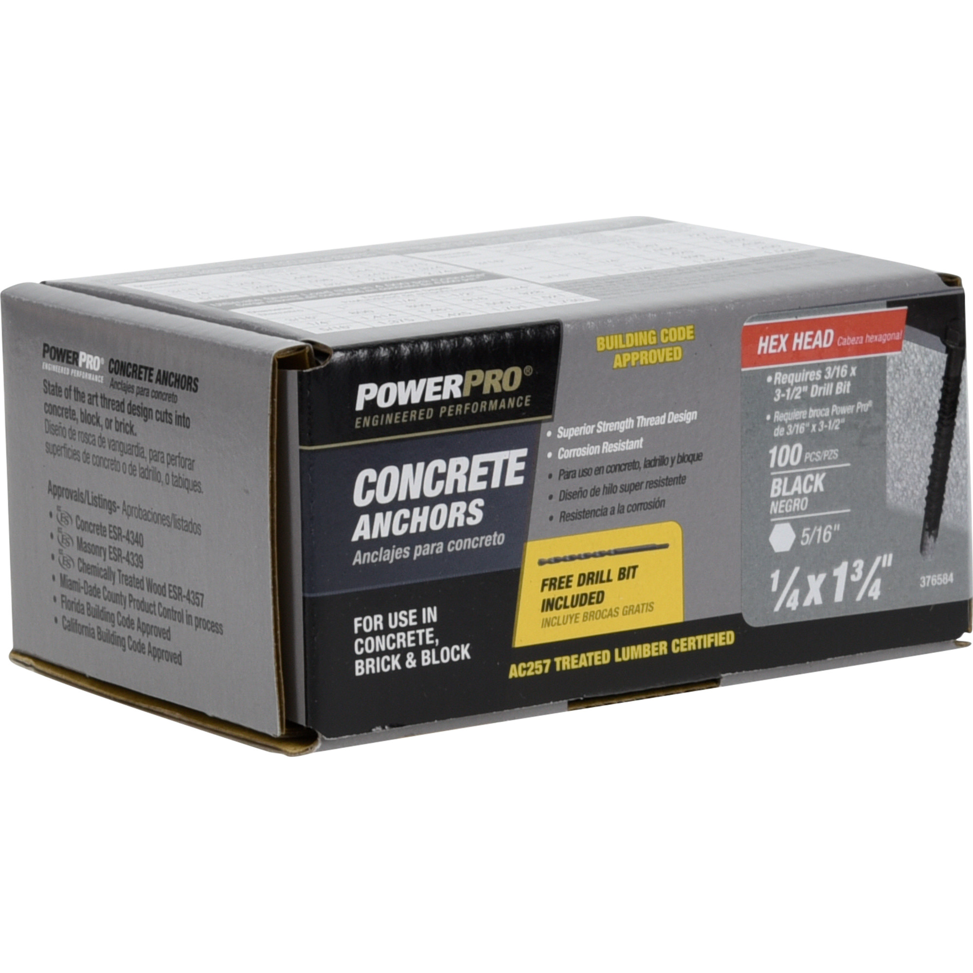 Power Pro Black Hex Washer-Head Concrete Screw Anchor (1/4 in. x 1-3/4 in.) - 100 pc