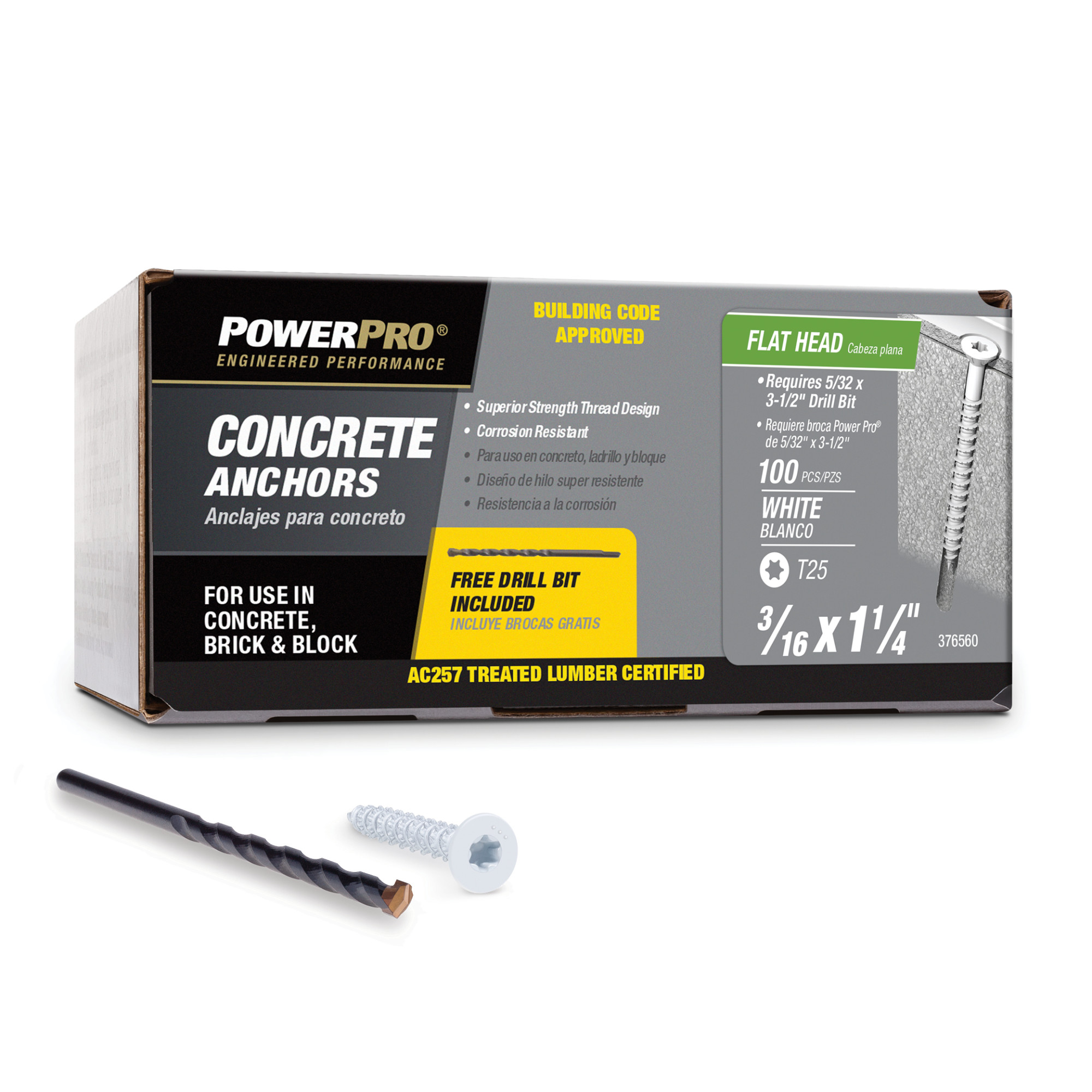 Power Pro White Flat-Head Concrete Screw Anchor (3/16 in. x 1-1/4 in.) - 100 pc