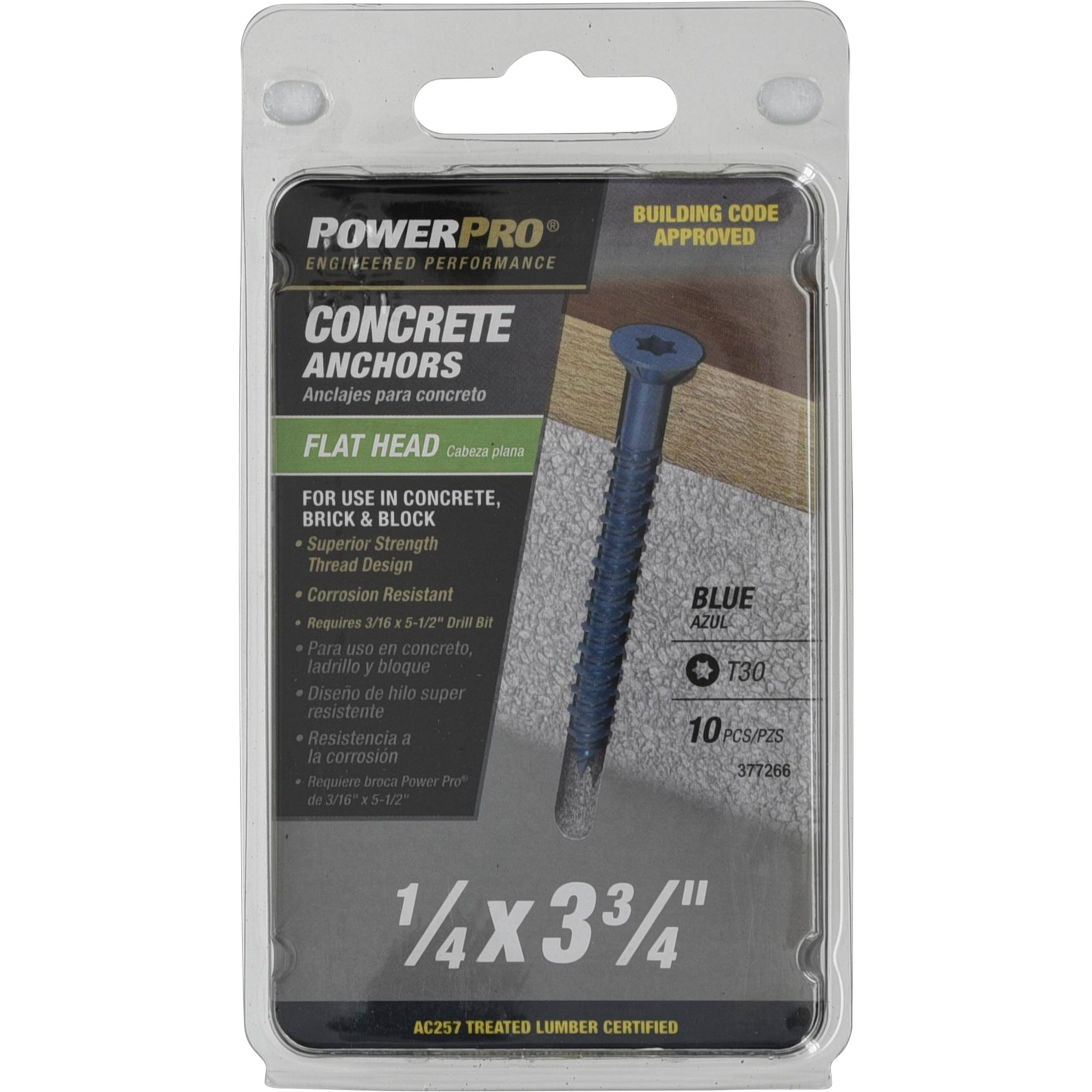Power Pro Blue Flat-Head Concrete Screw Anchor (1/4 in. x 3-3/4 in.) - 10 pc