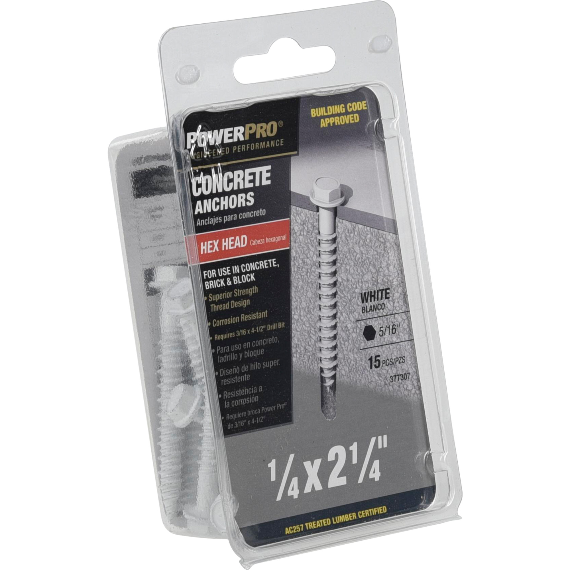 Power Pro White Hex Washer-Head Concrete Screw Anchor (1/4 in. x 2-1/4 in.) - 15 pc