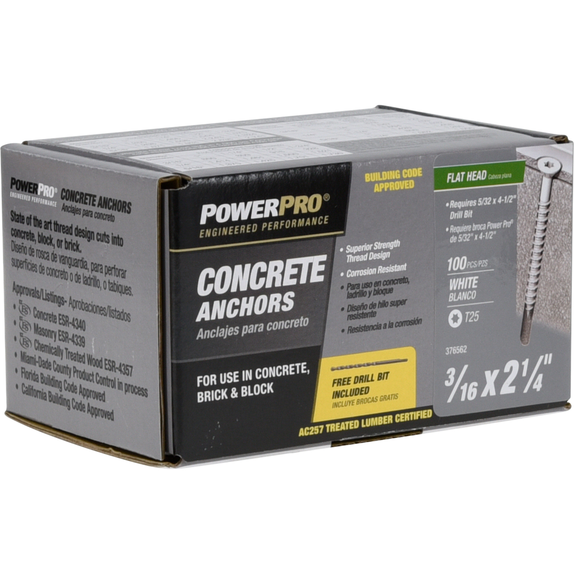 Power Pro White Flat-Head Concrete Screw Anchor (3/16 in. x 2-1/4 in.) - 100 pc